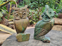 Hand Made Green Verdite Owl Carvings x 2 From Zimbabwe