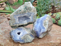 Natural Blue Lace Agate Geode Specimens x 3 From Malawi