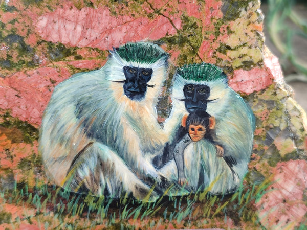 Hand Made Vervet Monkey Family Decoupage on Unakite Stone Slabs - sold per item - From Southern Africa