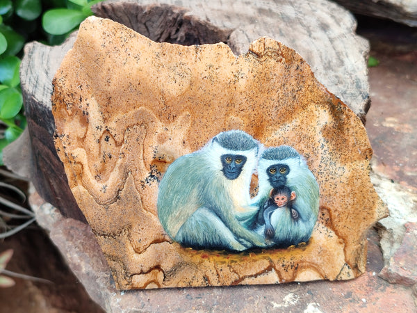 Hand Made Vervet Monkey Family Decoupage on Picture Stone Jasper Stone Slabs - sold per item - From Namibia