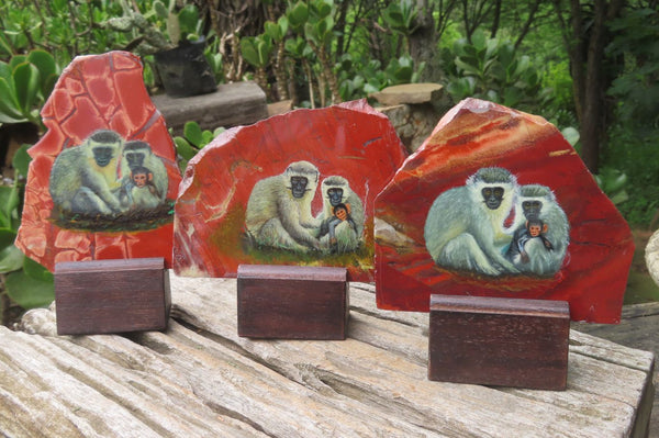 Hand Made Vervet Monkey Family Decoupage on Red Jasper Stone Slabs - sold per item - From South Africa