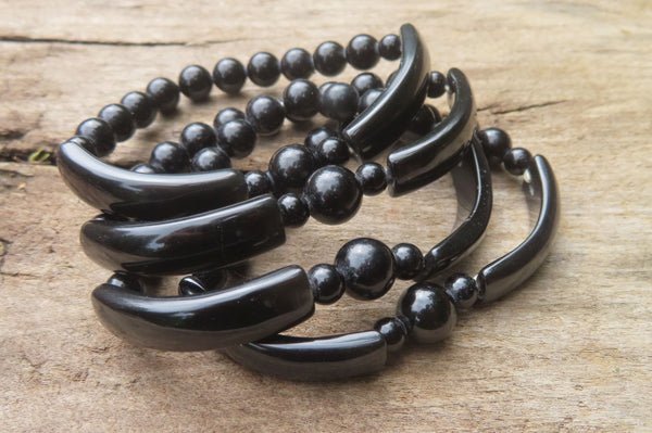 Polished Black Obsidian 2 Flat Piece Bead Bracelet - sold per item - From Brazil