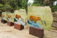 Hand Made Bear and Salmon Decoupage on Butter Jade Stone Slabs - sold per item - From South Africa