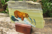 Hand Made Bear and Salmon Decoupage on Butter Jade Stone Slabs - sold per item - From South Africa