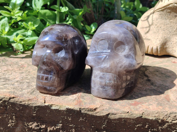 Hand Made Smokey Quartz Skull Carvings x 2 From Madagascar