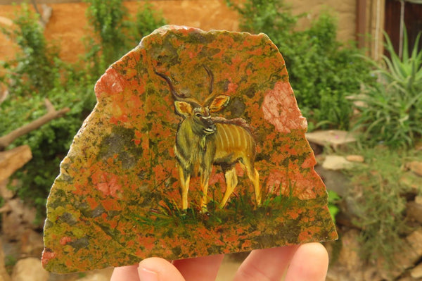 Hand Made Kudu Buck Decoupage on Unakite Stone Slabs - sold per item - From Southern Africa