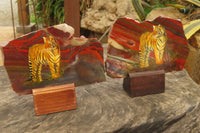 Hand Made Tigers Decoupage on Banded Tiger Iron Jasper Stone Slabs - Sold Per Item - From South Africa