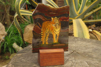 Hand Made Tigers Decoupage on Banded Tiger Iron Jasper Stone Slabs - Sold Per Item - From South Africa