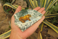 Hand Made Grizzly Bear Fishing Decoupage on Moss Agate Stone Slabs - sold per item - From South Africa