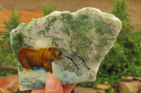 Hand Made Grizzly Bear Fishing Decoupage on Moss Agate Stone Slabs - sold per item - From South Africa