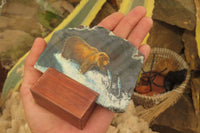 Hand Made Grizzly Bear Fishing Decoupage on Moss Agate Stone Slabs - sold per item - From South Africa