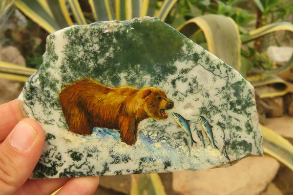 Hand Made Grizzly Bear Fishing Decoupage on Moss Agate Stone Slabs - sold per item - From South Africa