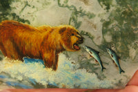 Hand Made Grizzly Bear Fishing Decoupage on Moss Agate Stone Slabs - sold per item - From South Africa