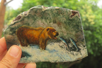 Hand Made Grizzly Bear Fishing Decoupage on Moss Agate Stone Slabs - sold per item - From South Africa