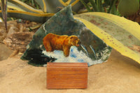 Hand Made Grizzly Bear Fishing Decoupage on Moss Agate Stone Slabs - sold per item - From South Africa