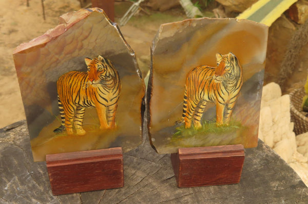 Hand Made Tiger Decoupage on Polychrome Jasper Stone Slabs - sold per item - From Madagascar