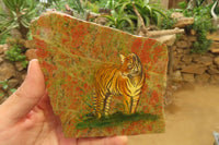 Hand Made Tiger Decoupage on Unakite Stone Slabs - sold per item - From Southern Africa