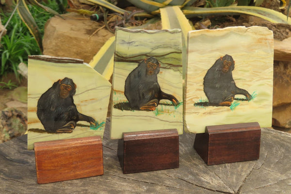 Hand Made Chimpanzee Decoupage on Butter Jade Stone Slabs - sold per item - From South Africa