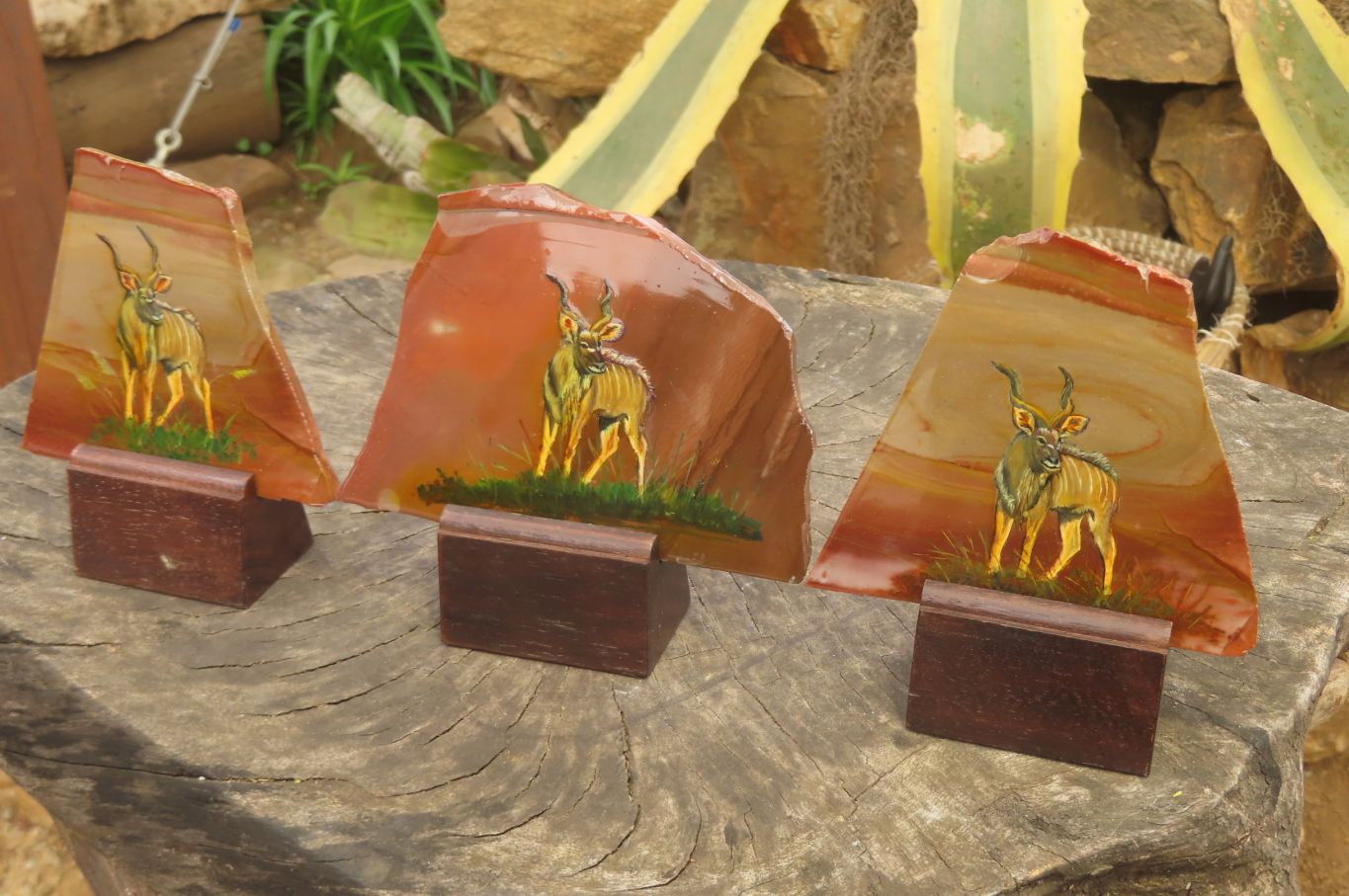 Hand Made African Kudu Buck Decoupage on Polychrome Jasper Stone Slabs - sold per item - From Madagascar