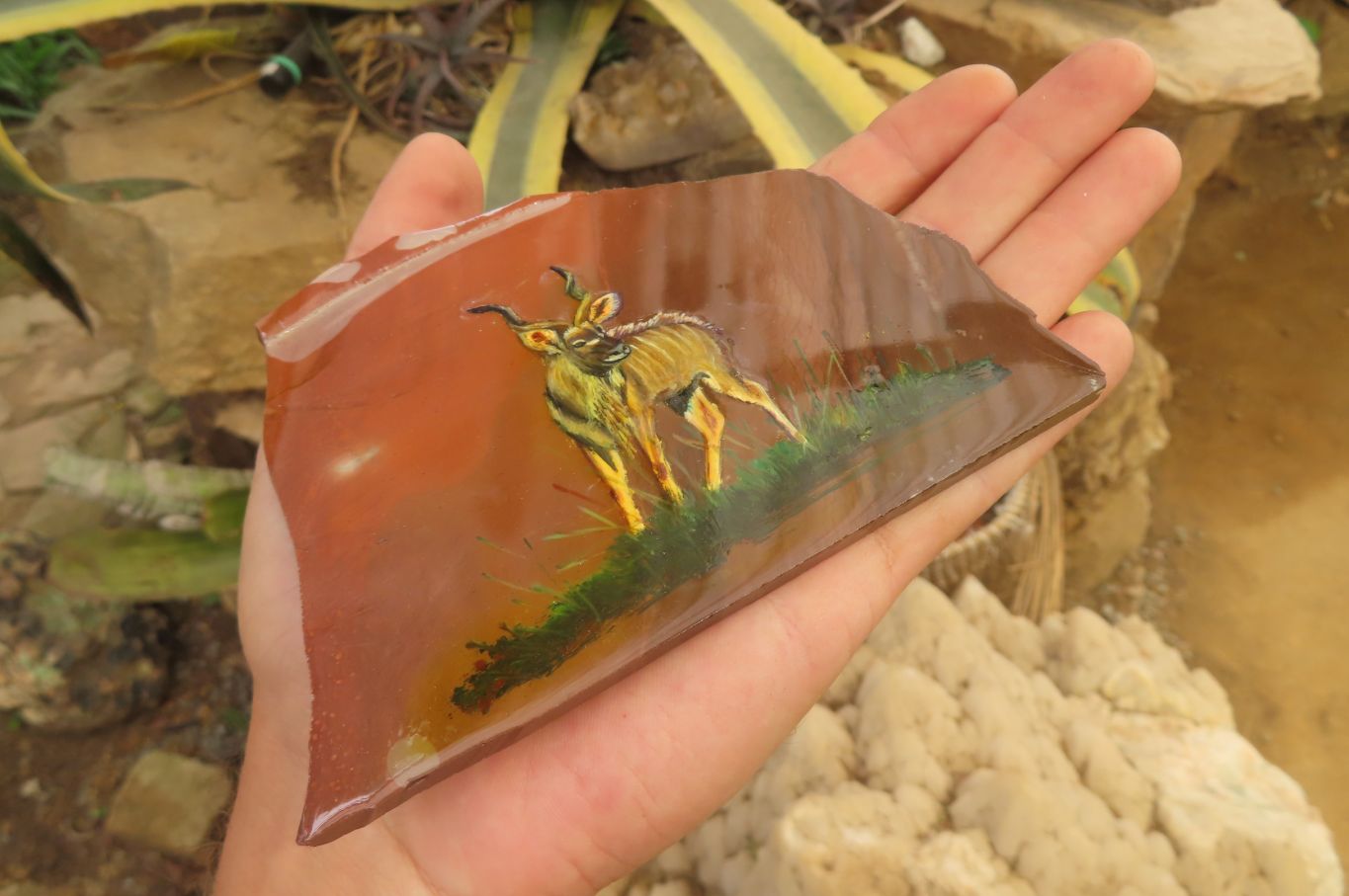 Hand Made African Kudu Buck Decoupage on Polychrome Jasper Stone Slabs - sold per item - From Madagascar