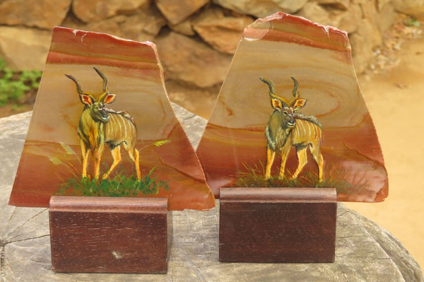 Hand Made African Kudu Buck Decoupage on Polychrome Jasper Stone Slabs - sold per item - From Madagascar