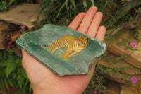 Hand Made Tiger Decoupage on Green Fuchsite Stone Slabs - sold per item - From Zimbabwe