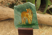 Hand Made Tiger Decoupage on Green Fuchsite Stone Slabs - sold per item - From Zimbabwe