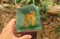 Hand Made Tiger Decoupage on Green Fuchsite Stone Slabs - sold per item - From Zimbabwe