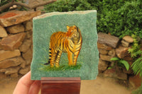 Hand Made Tiger Decoupage on Green Fuchsite Stone Slabs - sold per item - From Zimbabwe