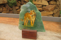 Hand Made Tiger Decoupage on Green Fuchsite Stone Slabs - sold per item - From Zimbabwe