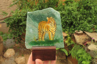 Hand Made Tiger Decoupage on Green Fuchsite Stone Slabs - sold per item - From Zimbabwe