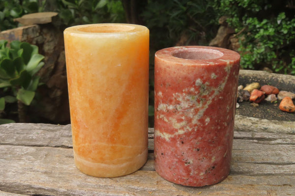 Hand Made Orange Calcite Candle Holders x 2 From Southern Africa