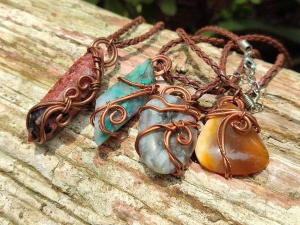 Hand Made Assortment Of Copper Wire Wrapped Stone Pendants x 6 From Southern Africa