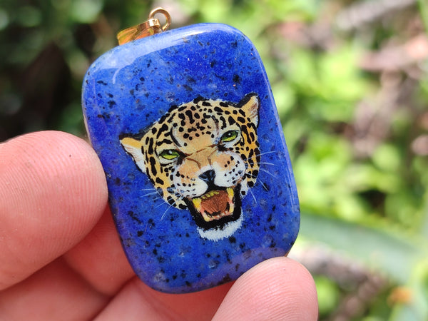 Polished Dumortierite Pendant with Hand Painted Leopard - Sold Per Item - From Mozambique