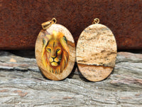 Polished Picture Stone Oval Pendant with Hand Painted Lion - Sold Per Item - From Namibia