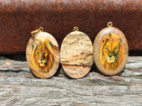 Polished Picture Stone Oval Pendant with Hand Painted Lion - Sold Per Item - From Namibia