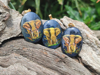 Polished Dumortierite Pendants with Hand Painted Elephant - sold per item - From Mozambique