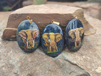 Polished Dumortierite Pendants with Hand Painted Elephant - sold per item - From Mozambique