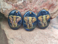 Polished Dumortierite Pendants with Hand Painted Elephant - sold per item - From Mozambique