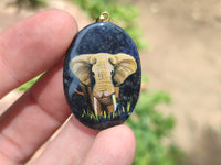 Polished Dumortierite Pendants with Hand Painted Elephant - sold per item - From Mozambique