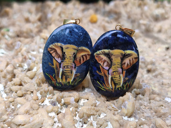 Polished Dumortierite Pendants with Hand Painted Elephant - sold per item - From Mozambique