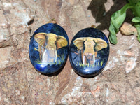 Polished Dumortierite Pendants with Hand Painted Elephant - sold per item - From Mozambique