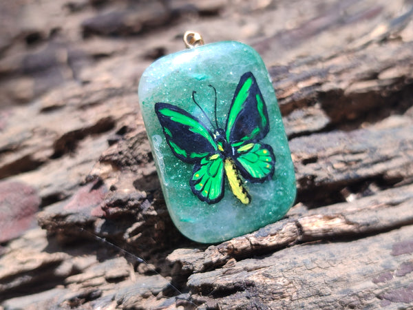 Polished Aventurine Pendant with Hand Painted Butterflies - Sold Per Item - From Zimbabwe