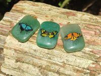 Polished Aventurine Pendant with Hand Painted Butterflies - Sold Per Item - From Zimbabwe