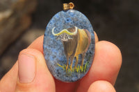 Polished Dumortierite Pendants with Hand Painted Buffalo - sold per item - From Mozambique