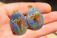 Polished Dumortierite Pendants with Hand Painted Buffalo - sold per item - From Mozambique