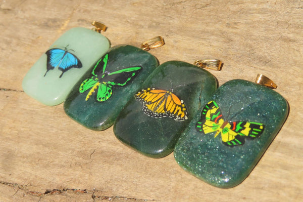 Polished Aventurine Pendant with Hand Painted Butterflies - Sold Per Item - From Zimbabwe