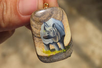 Polished Picture Stone Pendant with Hand Painted Rhinos - Sold Per Item - From Namibia