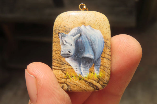 Polished Picture Stone Pendant with Hand Painted Rhinos - Sold Per Item - From Namibia