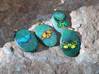 Polished Aventurine Pendant with Hand Painted Butterflies - Sold Per Item - From Zimbabwe